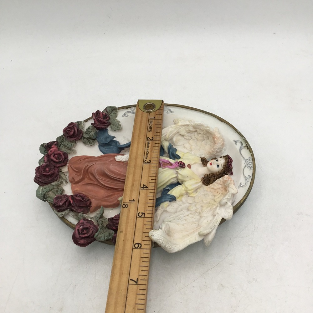Vintage 3D Relief Angel Wall Plaque Oval Resin Sculpture Red Roses Wings 7.5in